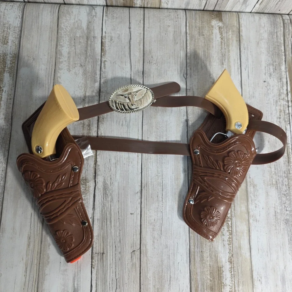 Western Cowboy Toy Pistol Set Dual Holsters Belt Brown Silver Longhorn Buckle